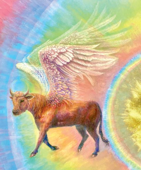 Winged bull, archetype of Taurus, in rainbow light