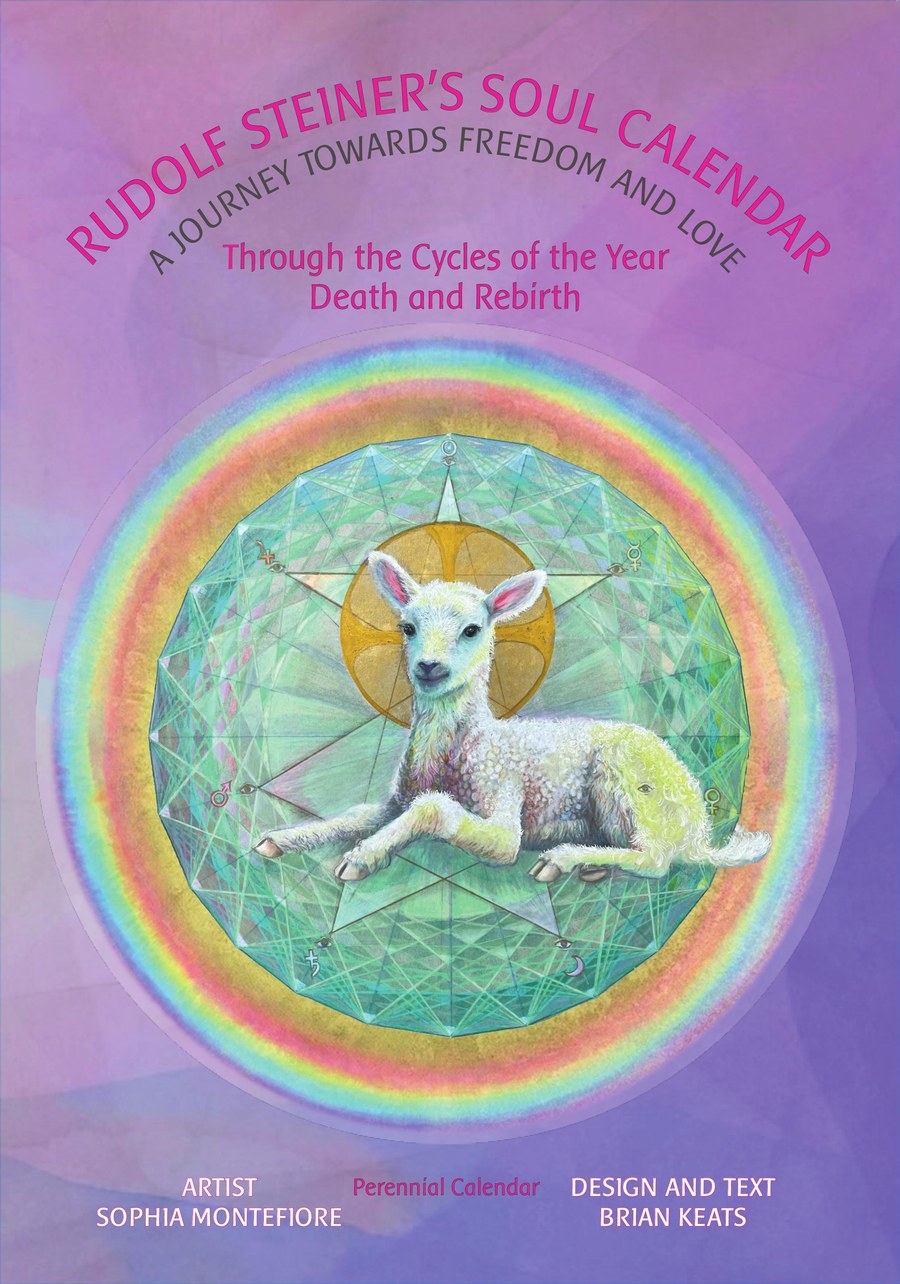 Front cover of Rudolf Steiner's Soul Calendar: a lamb within a geometric mandala encircled by a rainbow