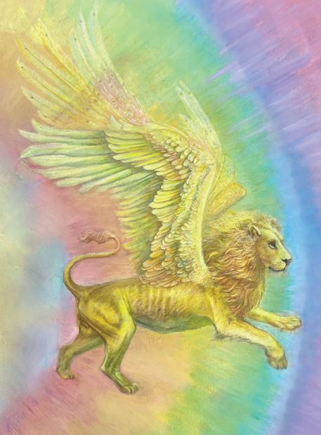 Winged lion, archetype of Leo, in rainbow light