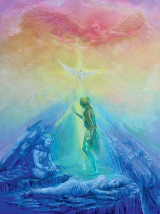A resurrection scene in blue, green and gold
